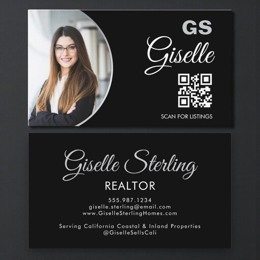 Black Silver Photo Monogram Realtor QR Code Visitekaartje