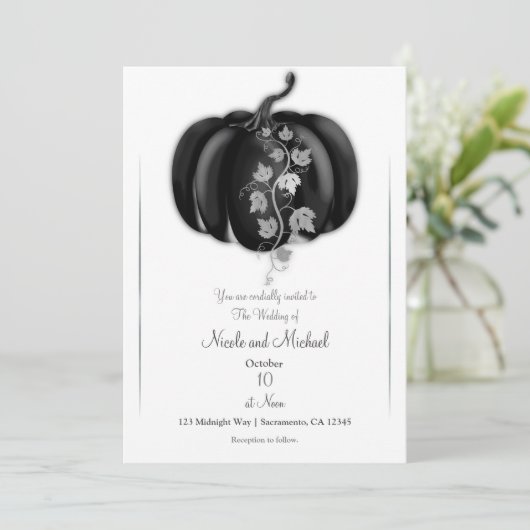 Black & Silver Pumpkin Storybook Fall Wedding Kaart (Staand voorkant)