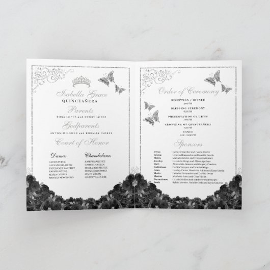 Black & Silver Quinceanera Butterflies-programma Programma (Binnen)