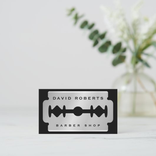 Black Silver Razor Blade Barber Business Card Visitekaartje (Staand voorkant)