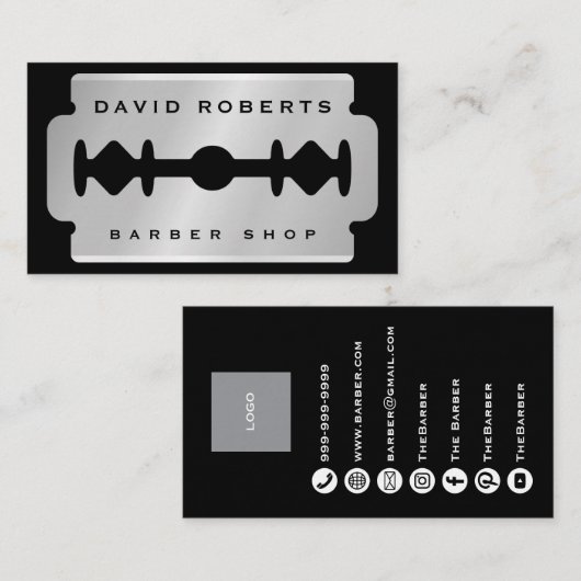 Black Silver Razor Blade Barber Business Card Visitekaartje (Voorkant / Achterkant)