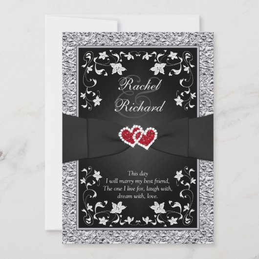 Black Silver Red Hearts, Floral Wedding Invitation Kaart (Voorkant)