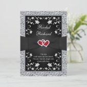 Black Silver Red Hearts, Floral Wedding Invitation Kaart (Staand voorkant)