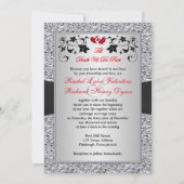 Black Silver Red Hearts, Floral Wedding Invitation Kaart (Achterkant)
