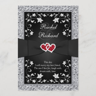 Black Silver Red Hearts, Floral Wedding Invitation Kaart