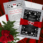 Black Silver Red Hearts, Floral Wedding Invitation Kaart<br><div class="desc">Deze romantische uitnodiging voor een zwarte en zilvergrijze bruiloft heeft een PRINTED rood lint met een paar diamantjuwelen en rode FAUX glitter sloot zich daarbij aan. Het heeft ook een zilveren FAUX-folie buitengrens met zilvergrijze bloemen en wijnstokken erop, met een voorblad dat zegt: "Deze dag trouw ik met mijn beste...</div>