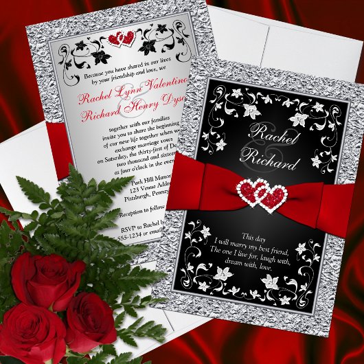 Black Silver Red Hearts, Floral Wedding Invitation Kaart