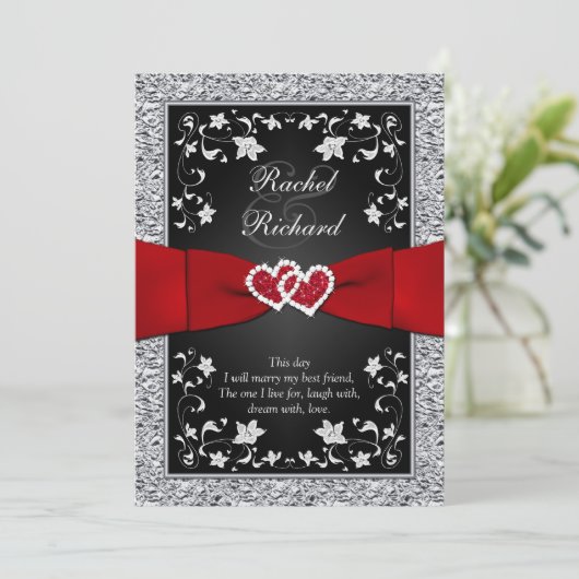 Black Silver Red Hearts, Floral Wedding Invitation Kaart (Staand voorkant)