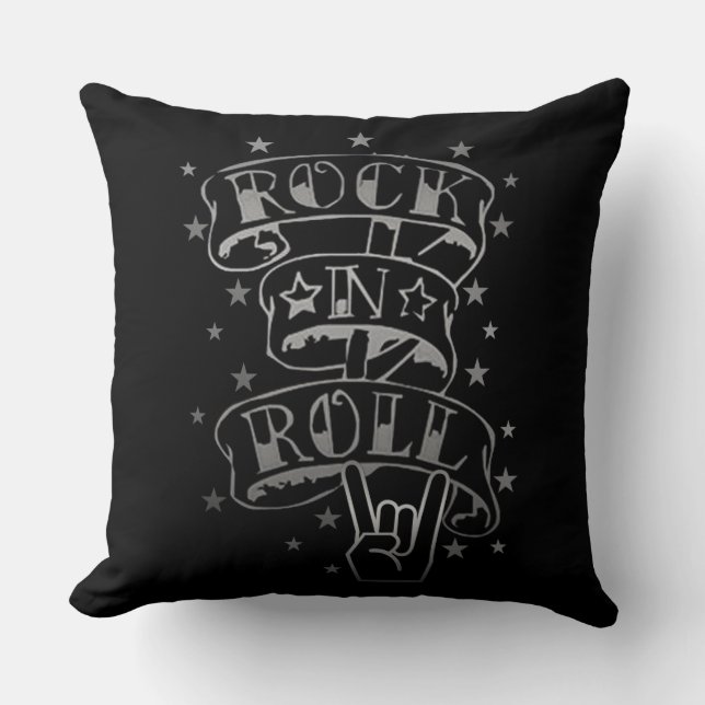 Black & Silver Rock & Roll Logo Sierkussen (Voorkant)