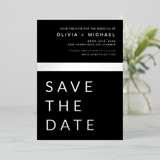 Black Silver Save the Date Elegant Modern Folie Uitnodiging (Staand Voorkant)