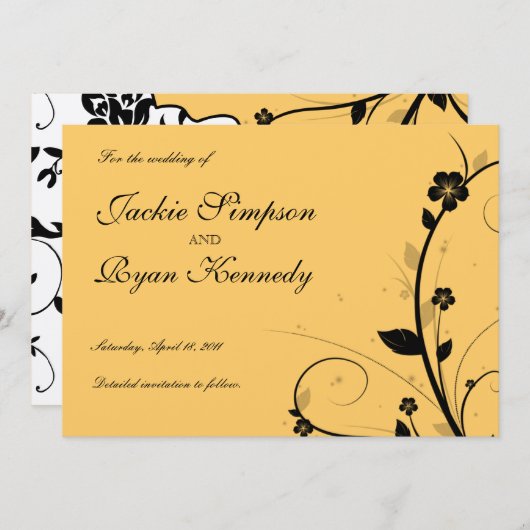 Black Silver Save the Date Invitation Floral Gold (Voorkant / Achterkant)