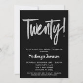Black Silver Script 20th Birthday Party Invitation Kaart (Voorkant)