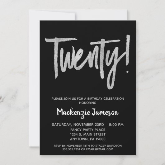 Black Silver Script 20th Birthday Party Invitation Kaart (Voorkant)