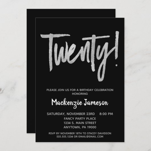 Black Silver Script 20th Birthday Party Invitation Kaart (Voorkant / Achterkant)