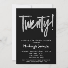 Black Silver Script 20th Birthday Party Invitation Kaart