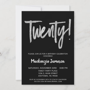 Black Silver Script 20th Birthday Party Invitation Kaart