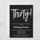 Black Silver Script 30th Birthday Party Invitation Kaart (Voorkant)