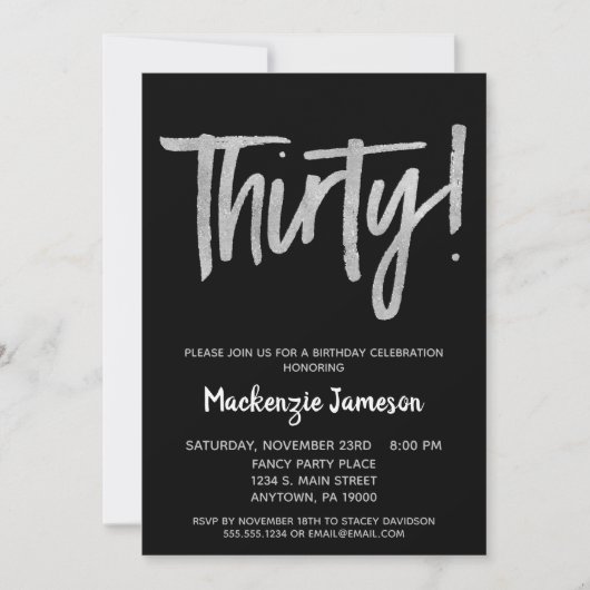 Black Silver Script 30th Birthday Party Invitation Kaart (Voorkant)