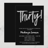 Black Silver Script 30th Birthday Party Invitation Kaart (Voorkant / Achterkant)