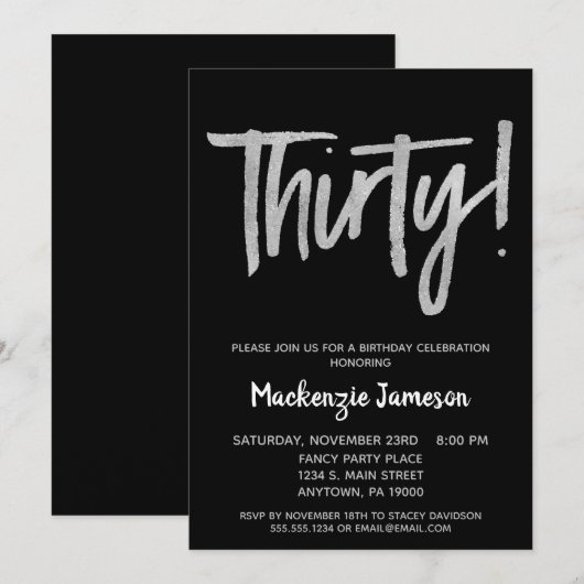 Black Silver Script 30th Birthday Party Invitation Kaart (Voorkant / Achterkant)