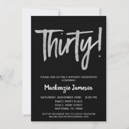 Black Silver Script 30th Birthday Party Invitation Kaart