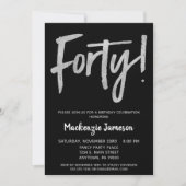 Black Silver Script 40th Birthday Party Invitation Kaart (Voorkant)