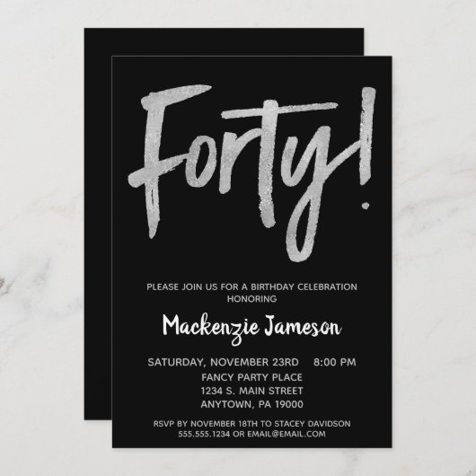 Black Silver Script 40th Birthday Party Invitation Kaart (Voorkant / Achterkant)