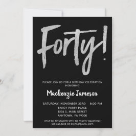 Black Silver Script 40th Birthday Party Invitation Kaart
