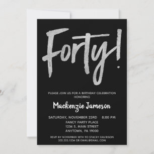 Black Silver Script 40th Birthday Party Invitation Kaart