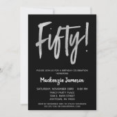 Black Silver Script 50th Birthday Party Invitation Kaart (Voorkant)