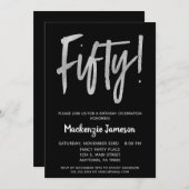 Black Silver Script 50th Birthday Party Invitation Kaart (Voorkant / Achterkant)