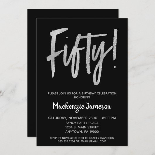 Black Silver Script 50th Birthday Party Invitation Kaart (Voorkant / Achterkant)