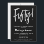 Black Silver Script 50th Birthday Party Invitation Kaart<br><div class="desc">Een elegante,  eenvoudige maar opvallend zwarte en zilveren uitnodiging voor een 50e verjaardag. De het manuscripttekst van Glam bij de bovenkant en zilveren hieronder tekst met de naam in stand-out wit</div>