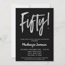 Black Silver Script 50th Birthday Party Invitation Kaart