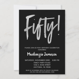 Black Silver Script 50th Birthday Party Invitation Kaart