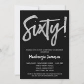 Black Silver Script 60th Birthday Party Invitation Kaart (Voorkant)