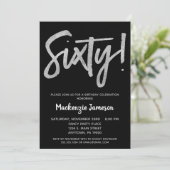 Black Silver Script 60th Birthday Party Invitation Kaart (Staand voorkant)