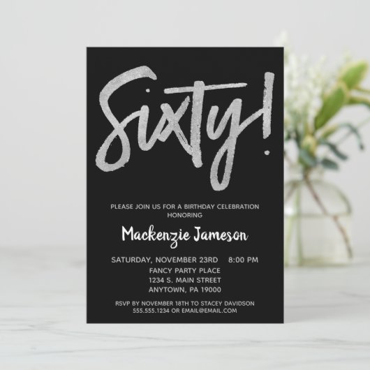 Black Silver Script 60th Birthday Party Invitation Kaart (Staand voorkant)