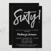 Black Silver Script 60th Birthday Party Invitation Kaart (Voorkant / Achterkant)