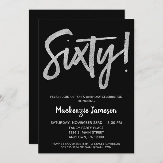 Black Silver Script 60th Birthday Party Invitation Kaart (Voorkant / Achterkant)