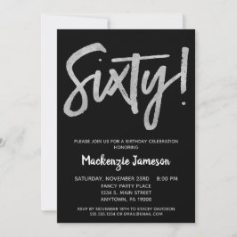 Black Silver Script 60th Birthday Party Invitation Kaart