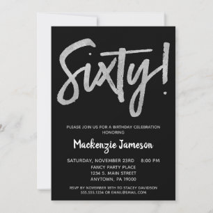 Black Silver Script 60th Birthday Party Invitation Kaart
