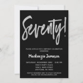 Black Silver Script 70th Birthday Party Invitation Kaart (Voorkant)