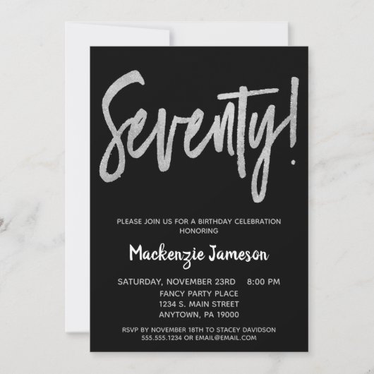 Black Silver Script 70th Birthday Party Invitation Kaart (Voorkant)