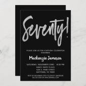 Black Silver Script 70th Birthday Party Invitation Kaart (Voorkant / Achterkant)