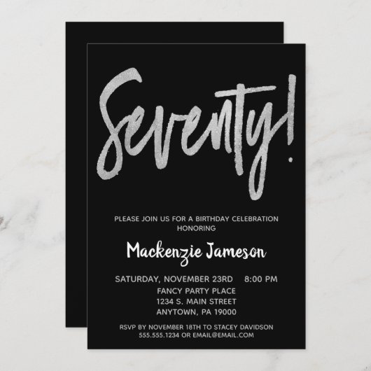 Black Silver Script 70th Birthday Party Invitation Kaart (Voorkant / Achterkant)