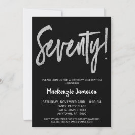 Black Silver Script 70th Birthday Party Invitation Kaart