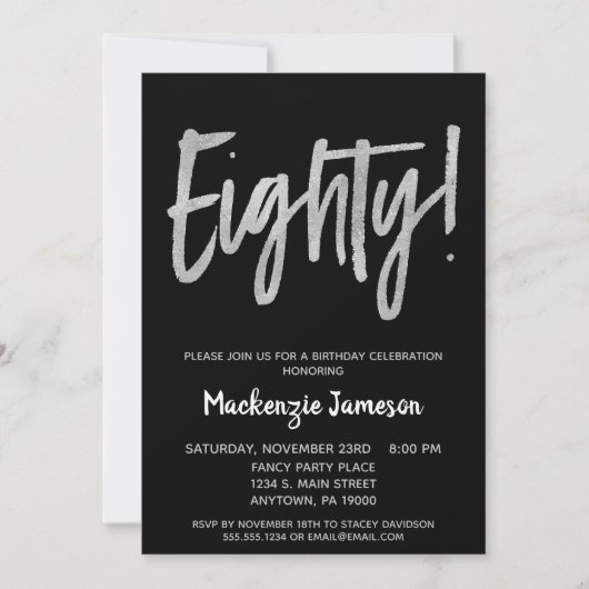 Black Silver Script 80th Birthday Party Invitation Kaart (Voorkant)