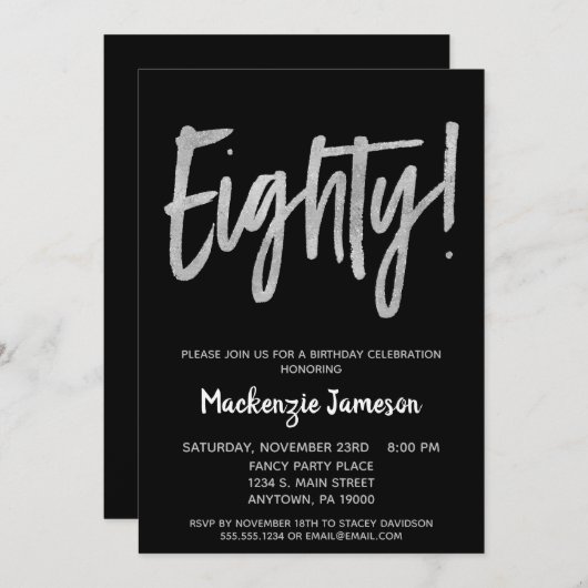 Black Silver Script 80th Birthday Party Invitation Kaart (Voorkant / Achterkant)