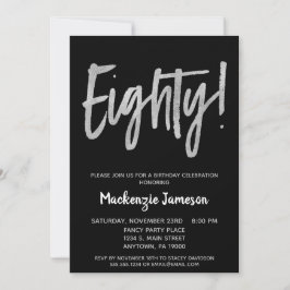 Black Silver Script 80th Birthday Party Invitation Kaart